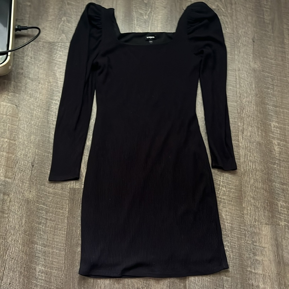 Express Black Ribbed Puff Sleeve Bodycon Dress
